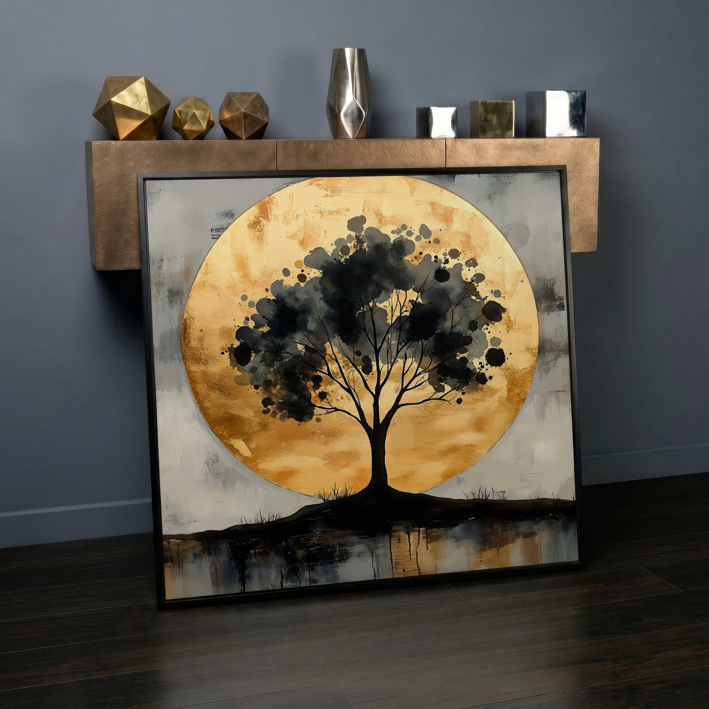 Abstract Tree Silhouette with Golden Moon Canvas in black floating frame