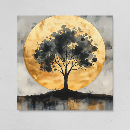 Abstract Tree Silhouette with Golden Moon Canvas on gallery wrap