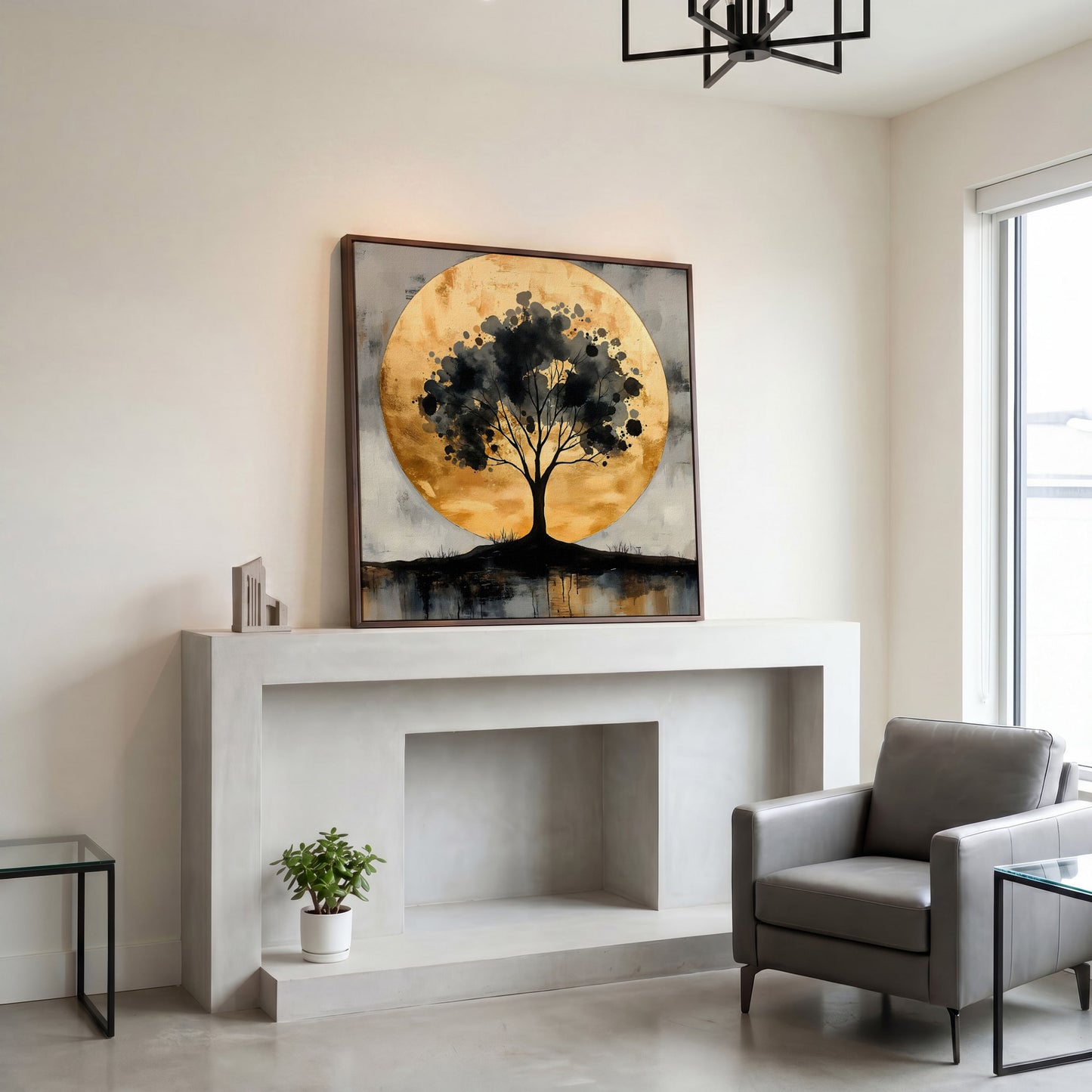Abstract Tree Silhouette with Golden Moon Canvas in dark walnut floating frame