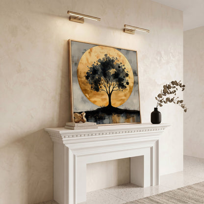 Abstract Tree Silhouette with Golden Moon Canvas in white oak floating frame
