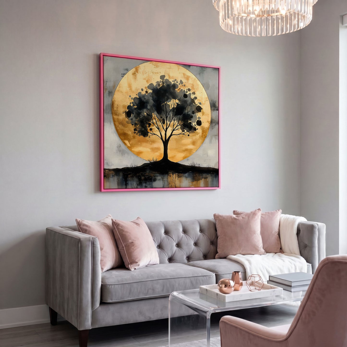 Abstract Tree Silhouette with Golden Moon Canvas in pink floating frame