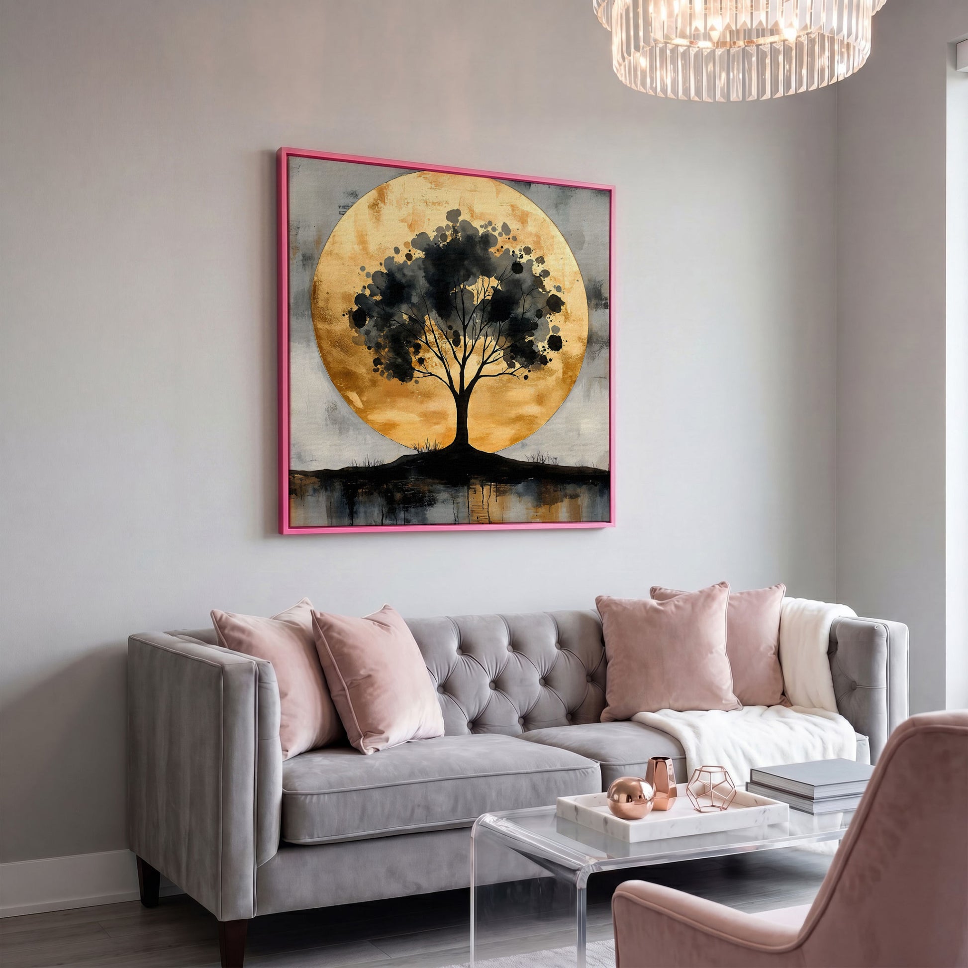 Abstract Tree Silhouette with Golden Moon Canvas in pink floating frame