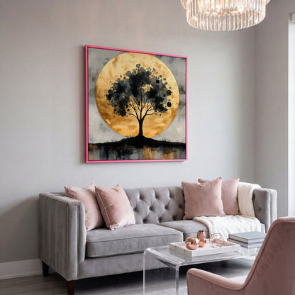 Abstract Tree Silhouette with Golden Moon Canvas in pink floating frame