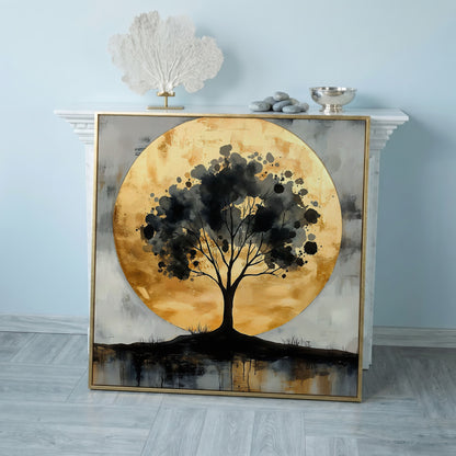 Abstract Tree Silhouette with Golden Moon Canvas in rose gold floating frame