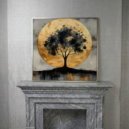 Abstract Tree Silhouette with Golden Moon Canvas in silver floating frame