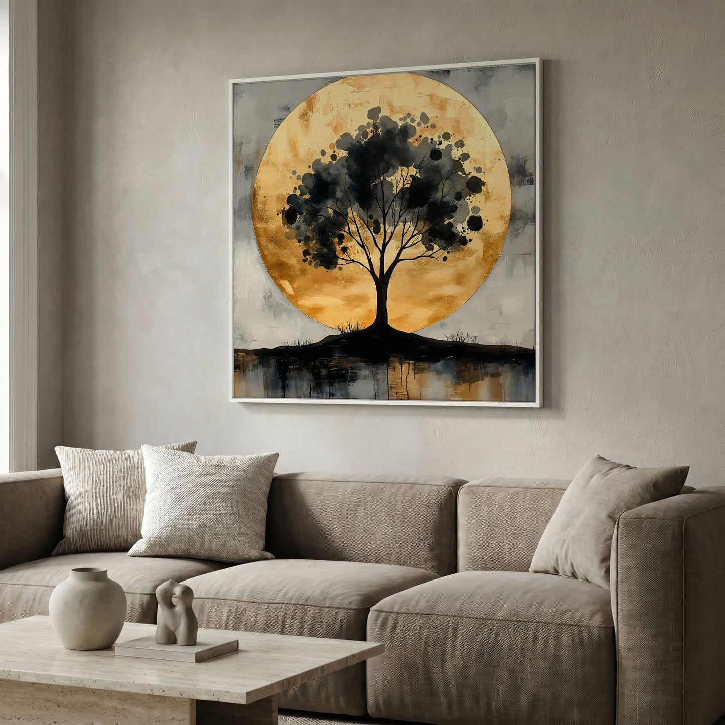 Abstract Tree Silhouette with Golden Moon Canvas in white floating frame