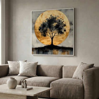 Abstract Tree Silhouette with Golden Moon Canvas in white floating frame