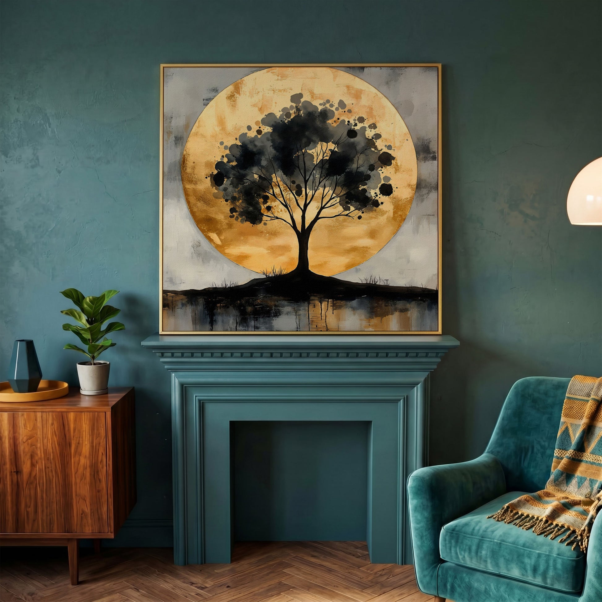 Abstract Tree Silhouette with Golden Moon Canvas in yellow gold floating frame