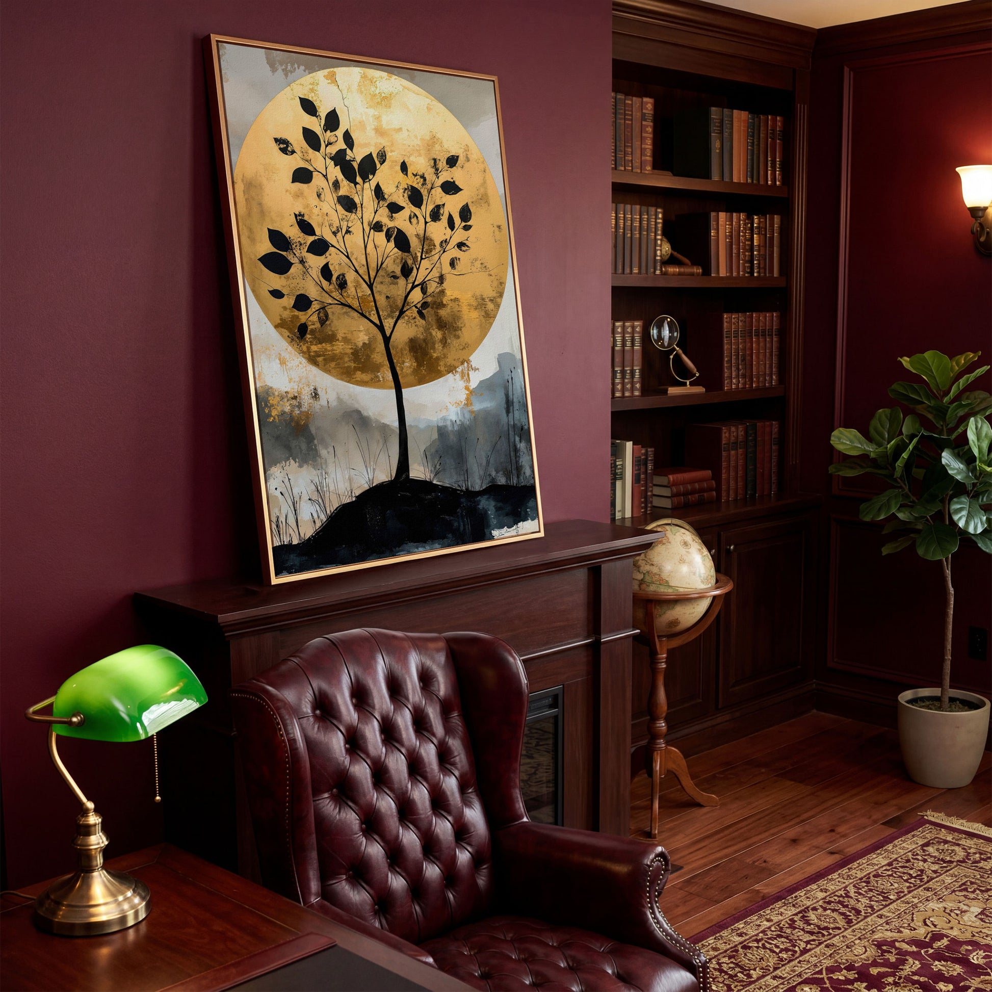 Tree Silhouette with Golden Moon Canvas Print in antique gold floating frame