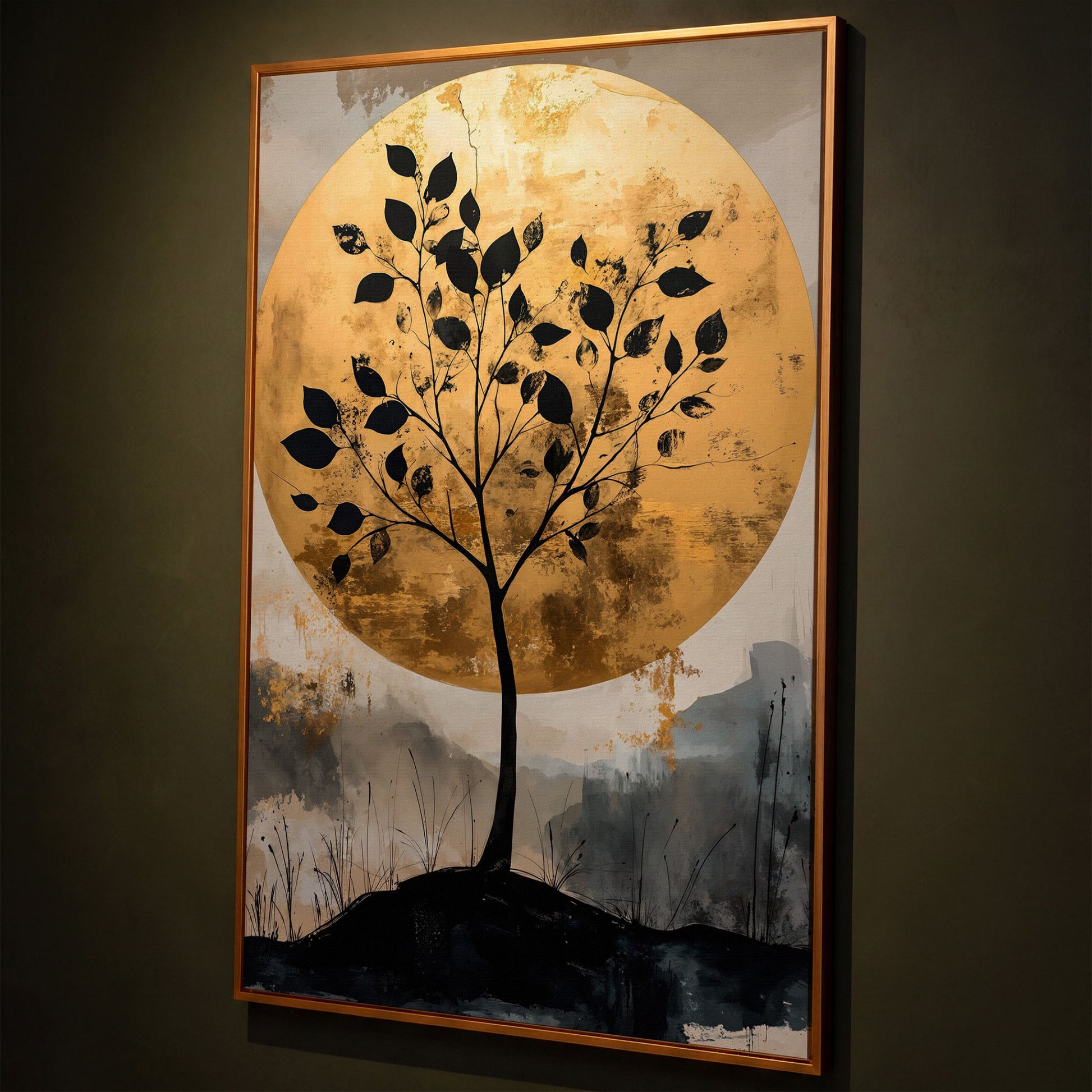 Tree Silhouette with Golden Moon Canvas Print shown in antique gold floating frame