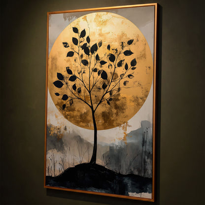 Tree Silhouette with Golden Moon Canvas Print shown in antique gold floating frame