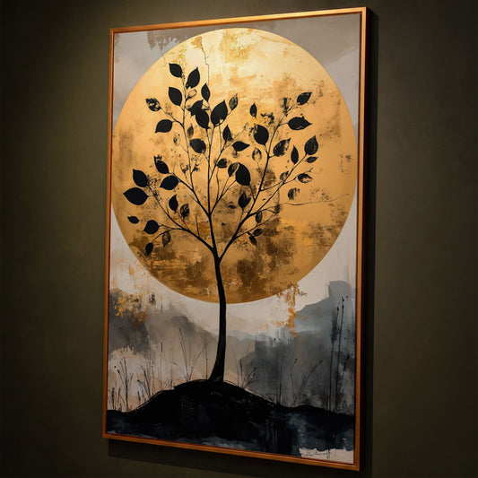 Tree Silhouette with Golden Moon Canvas Print shown in antique gold floating frame
