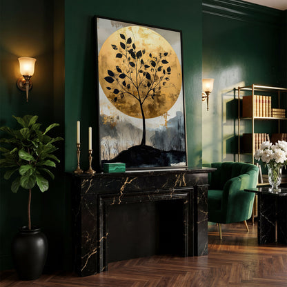 Tree Silhouette with Golden Moon Canvas Print in black floating frame