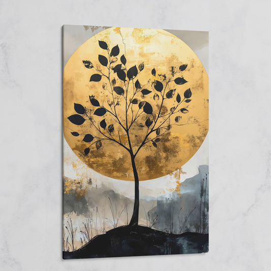 Tree Silhouette with Golden Moon Canvas Print on gallery wrap