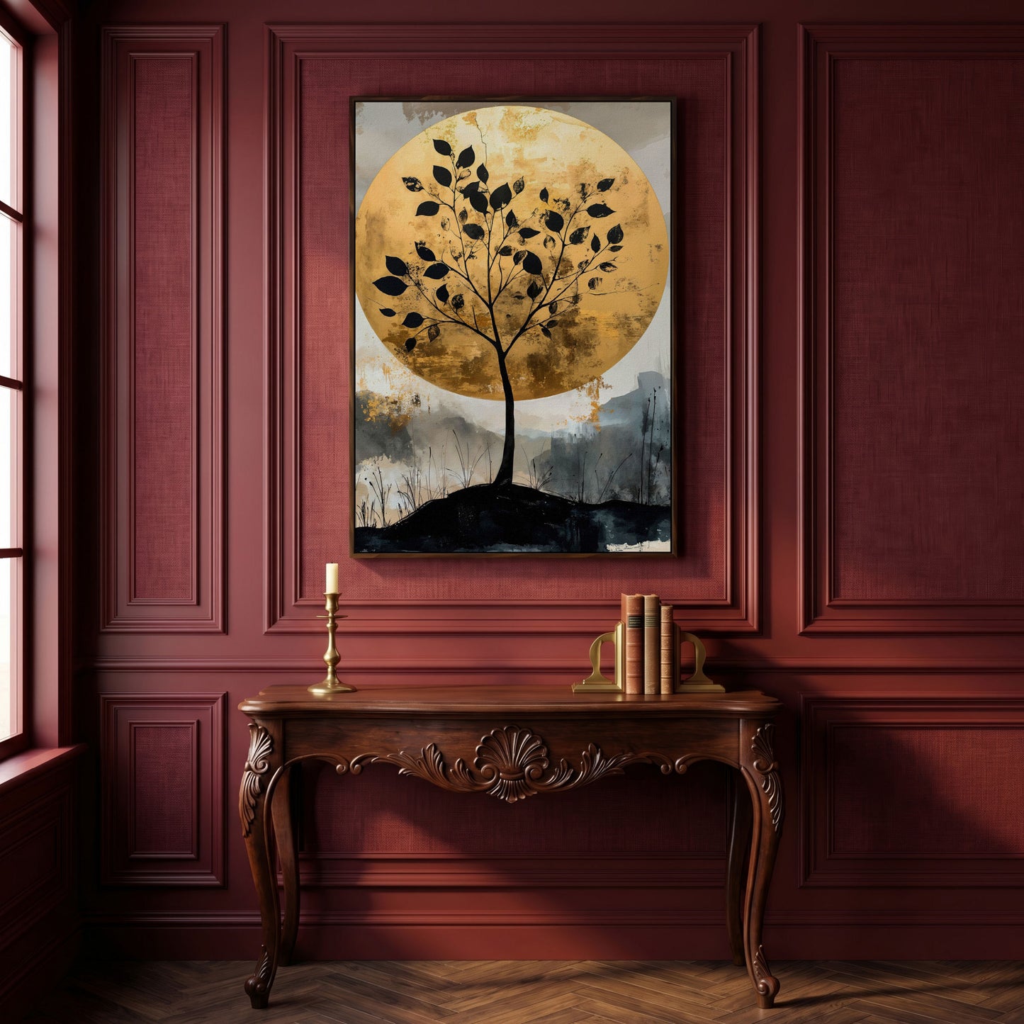 Tree Silhouette with Golden Moon Canvas Print in dark walnut floating frame
