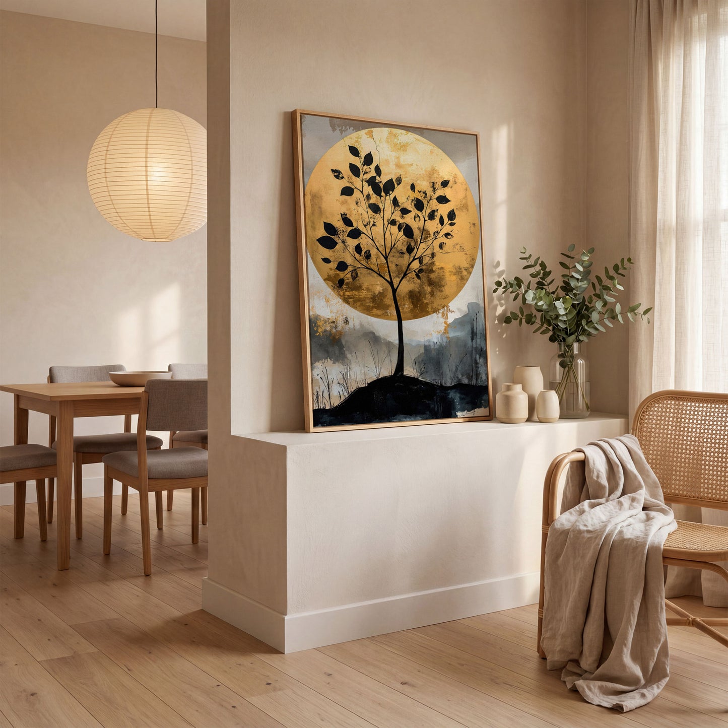 Tree Silhouette with Golden Moon Canvas Print in white oak floating frame