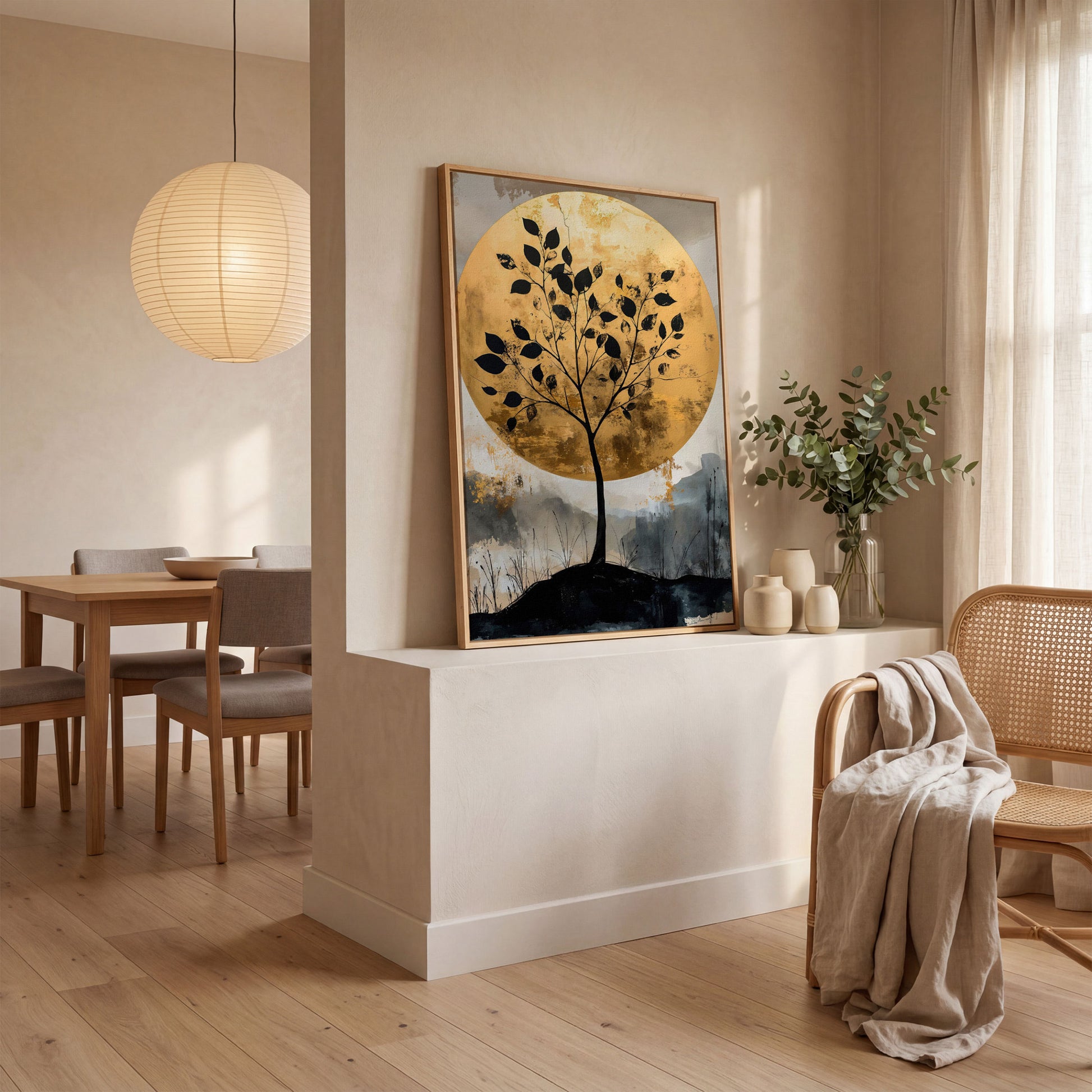 Tree Silhouette with Golden Moon Canvas Print in white oak floating frame