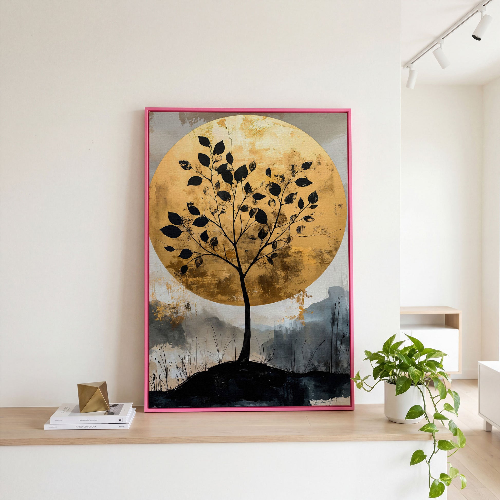 Tree Silhouette with Golden Moon Canvas Print in pink floating frame