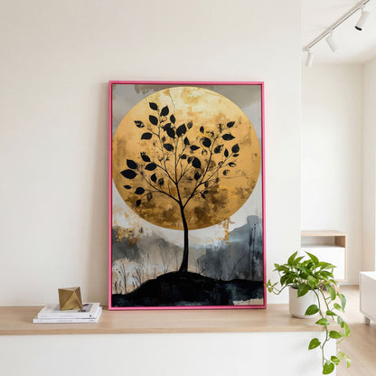 Tree Silhouette with Golden Moon Canvas Print in pink floating frame