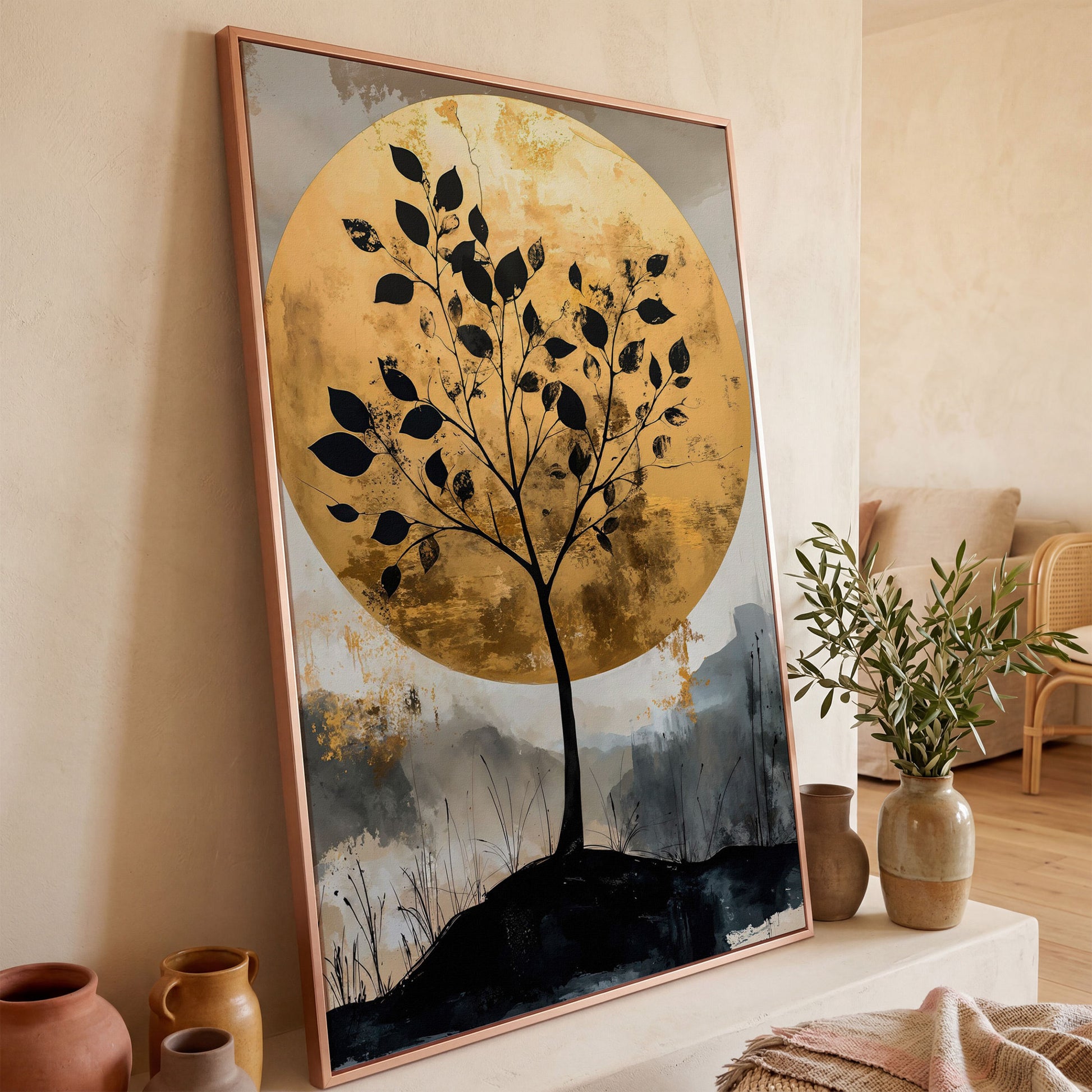 Tree Silhouette with Golden Moon Canvas Print in rose gold floating frame