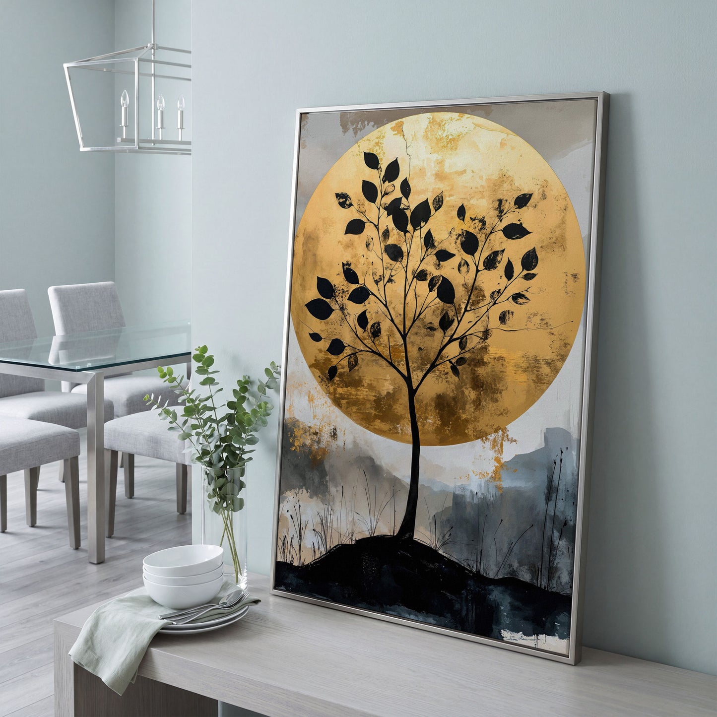 Tree Silhouette with Golden Moon Canvas Print in silver floating frame