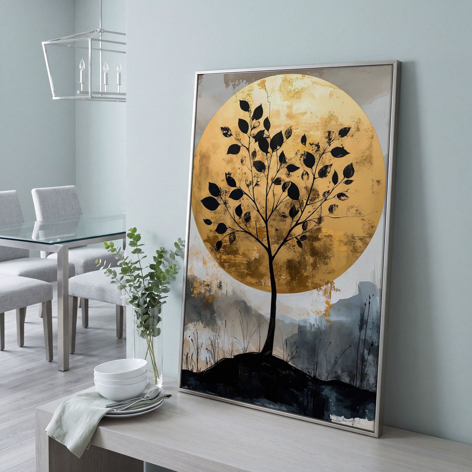 Tree Silhouette with Golden Moon Canvas Print in silver floating frame