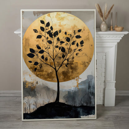 Tree Silhouette with Golden Moon Canvas Print in white floating frame