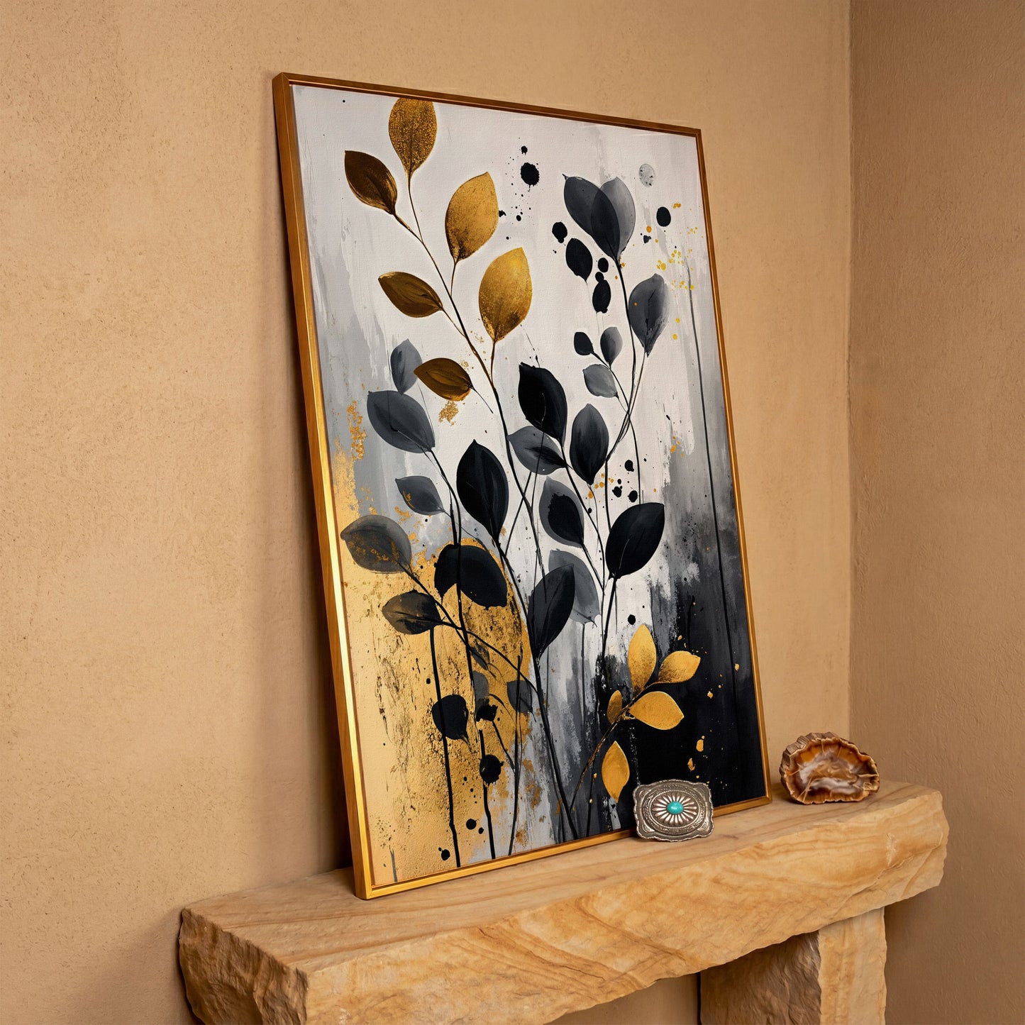 Abstract Gold and Black Leaves Canvas Print in antique gold floating frame