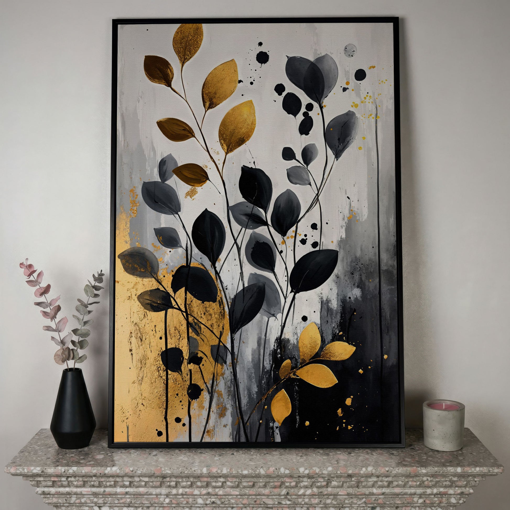 Abstract Gold and Black Leaves Canvas Print in black floating frame