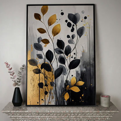 Abstract Gold and Black Leaves Canvas Print in black floating frame