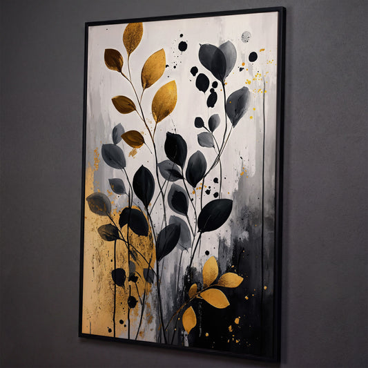 Abstract Gold and Black Leaves Canvas Print shown in black floating frame