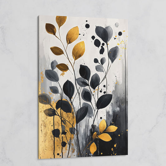 Abstract Gold and Black Leaves Canvas Print on gallery wrap