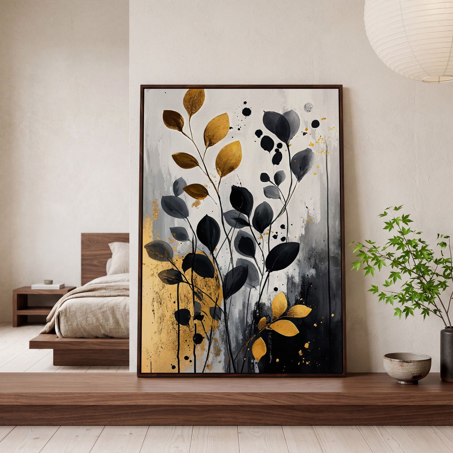 Abstract Gold and Black Leaves Canvas Print in dark walnut floating frame