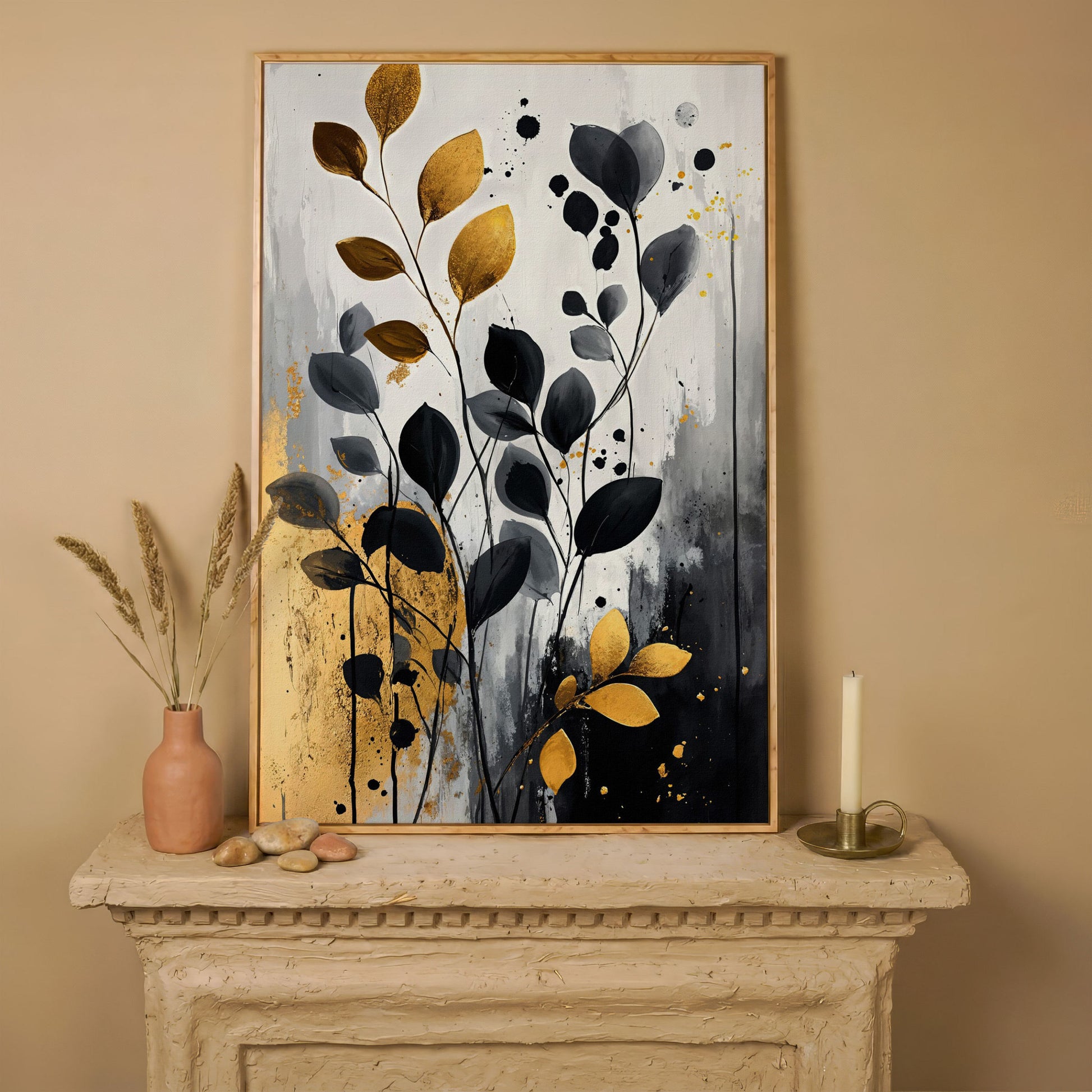 Abstract Gold and Black Leaves Canvas Print in white oak floating frame