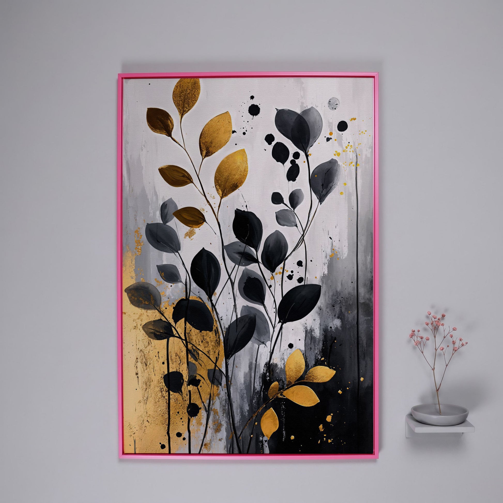 Abstract Gold and Black Leaves Canvas Print in pink floating frame