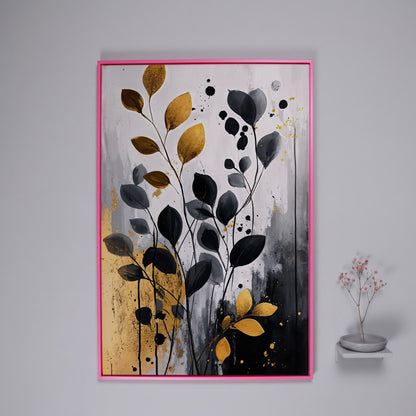 Abstract Gold and Black Leaves Canvas Print in pink floating frame