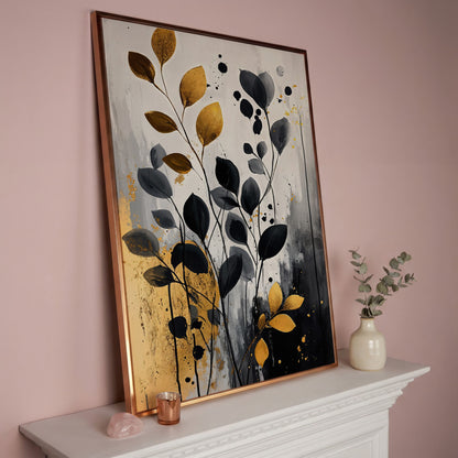 Abstract Gold and Black Leaves Canvas Print in rose gold floating frame
