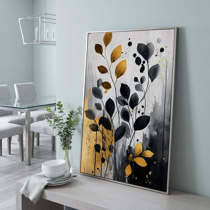 Abstract Gold and Black Leaves Canvas Print in silver floating frame