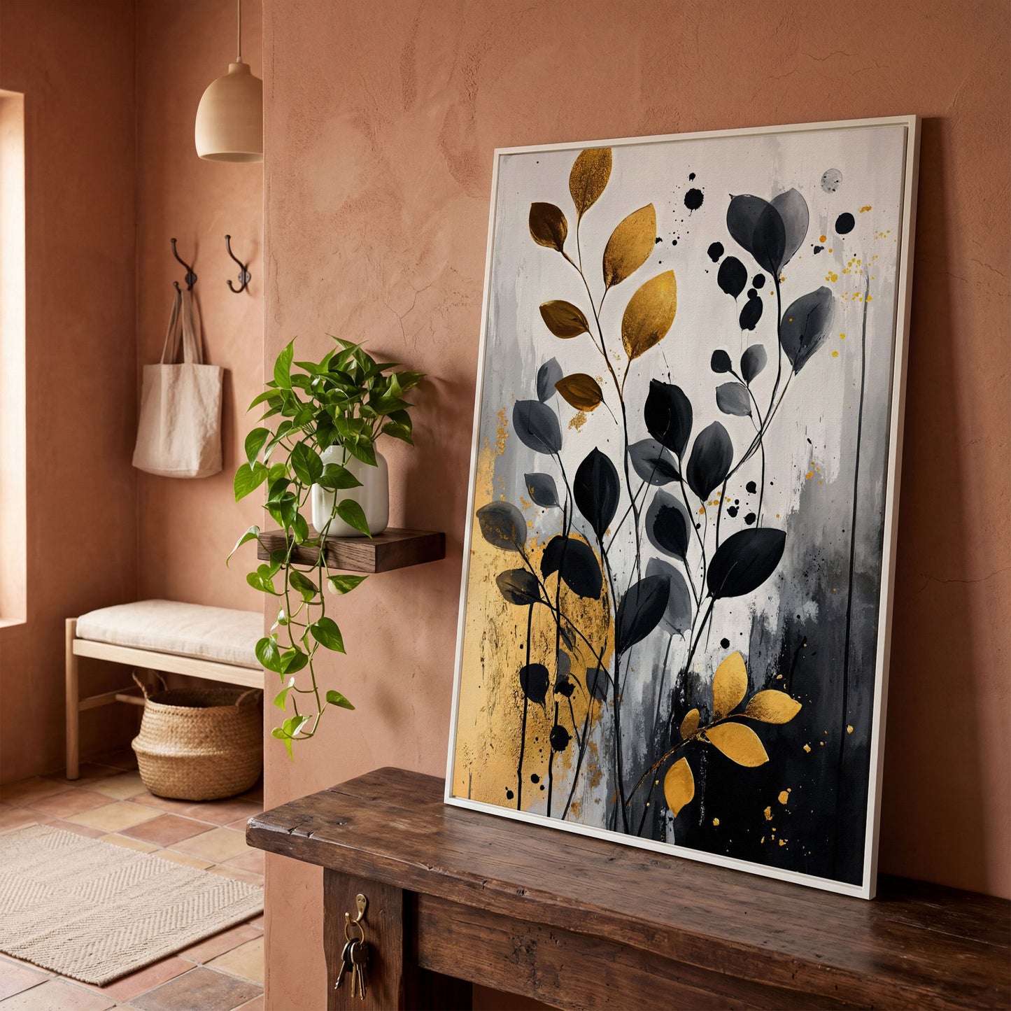 Abstract Gold and Black Leaves Canvas Print in white floating frame