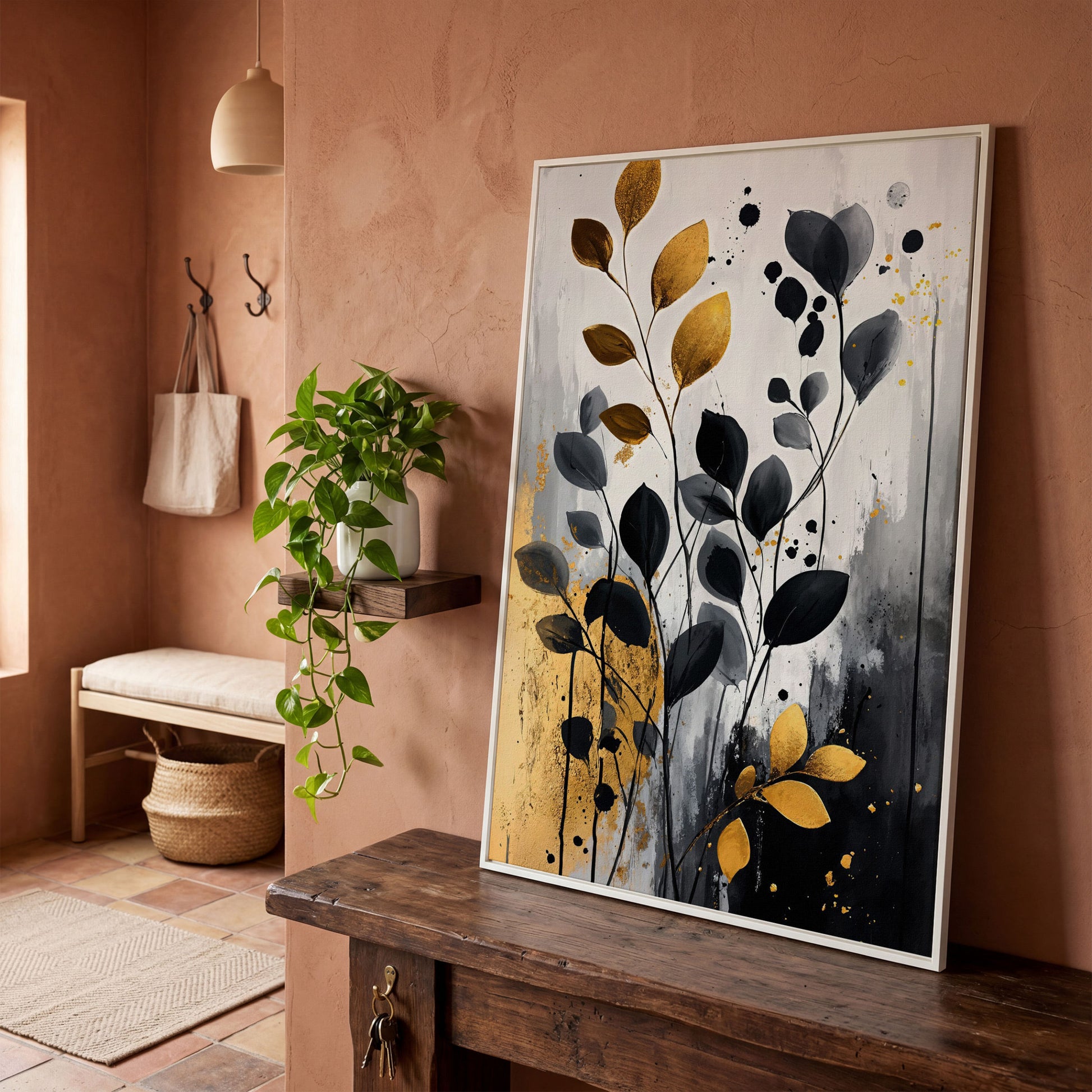 Abstract Gold and Black Leaves Canvas Print in white floating frame