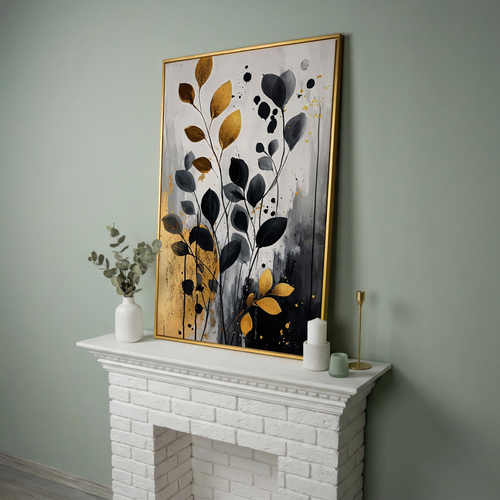 Abstract Gold and Black Leaves Canvas Print in yellow gold floating frame