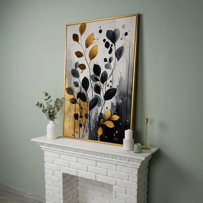 Abstract Gold and Black Leaves Canvas Print in yellow gold floating frame