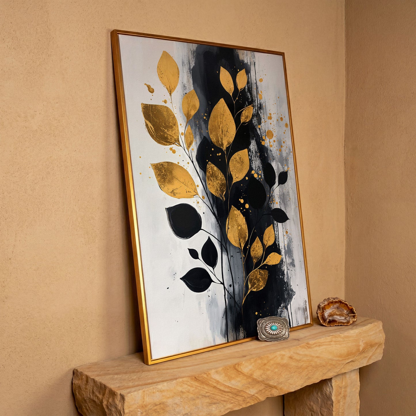Modern Minimalist Botanical Leaf Canvas in antique gold floating frame