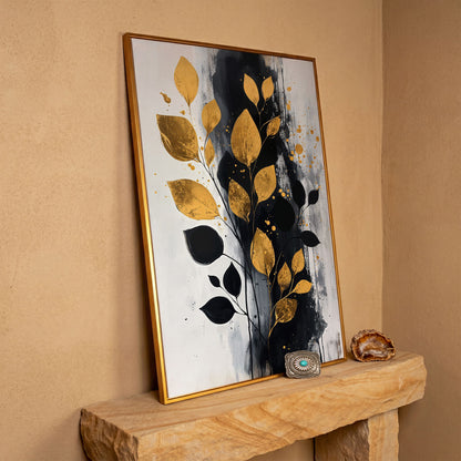 Modern Minimalist Botanical Leaf Canvas in antique gold floating frame