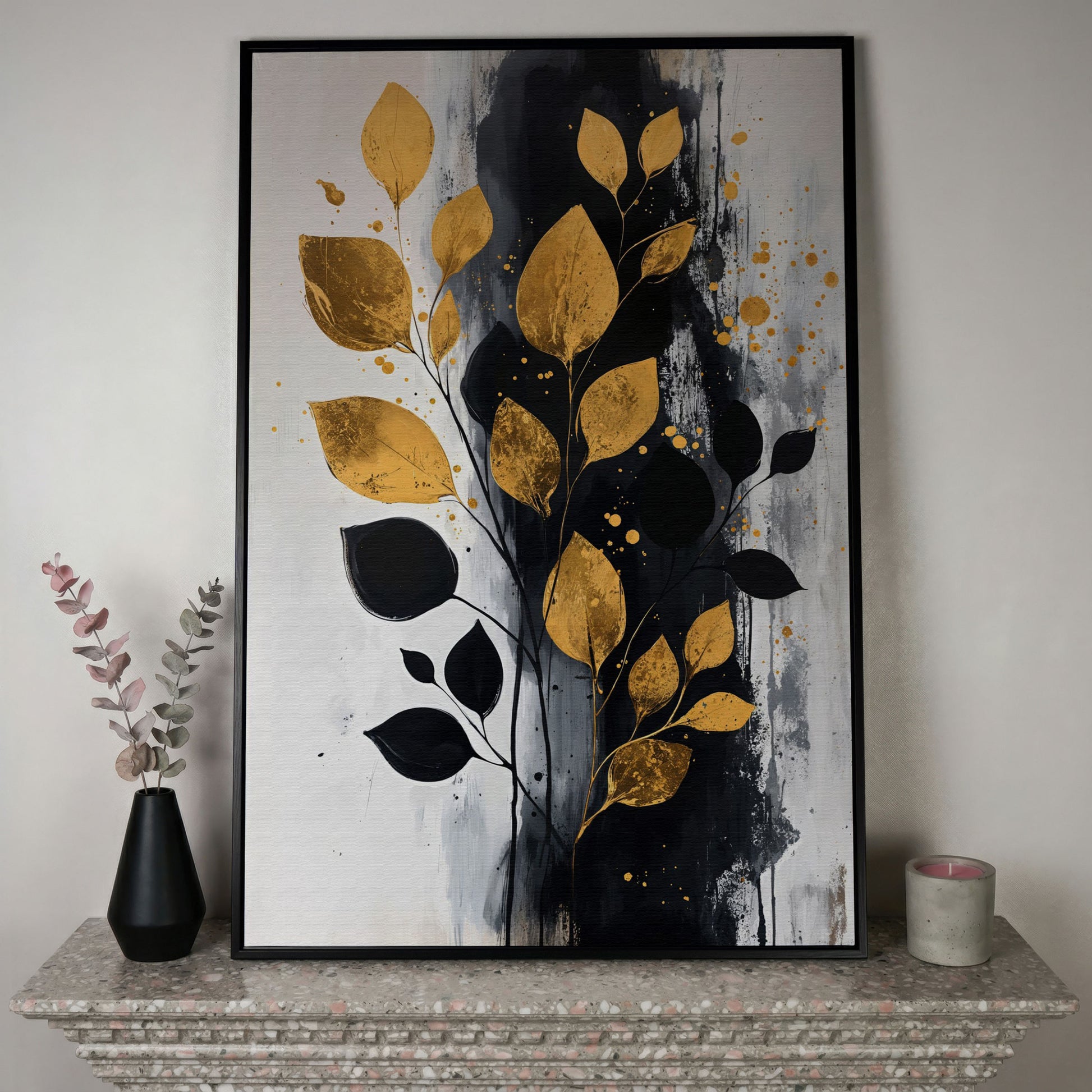 Modern Minimalist Botanical Leaf Canvas in black floating frame