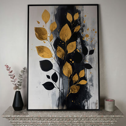 Modern Minimalist Botanical Leaf Canvas in black floating frame