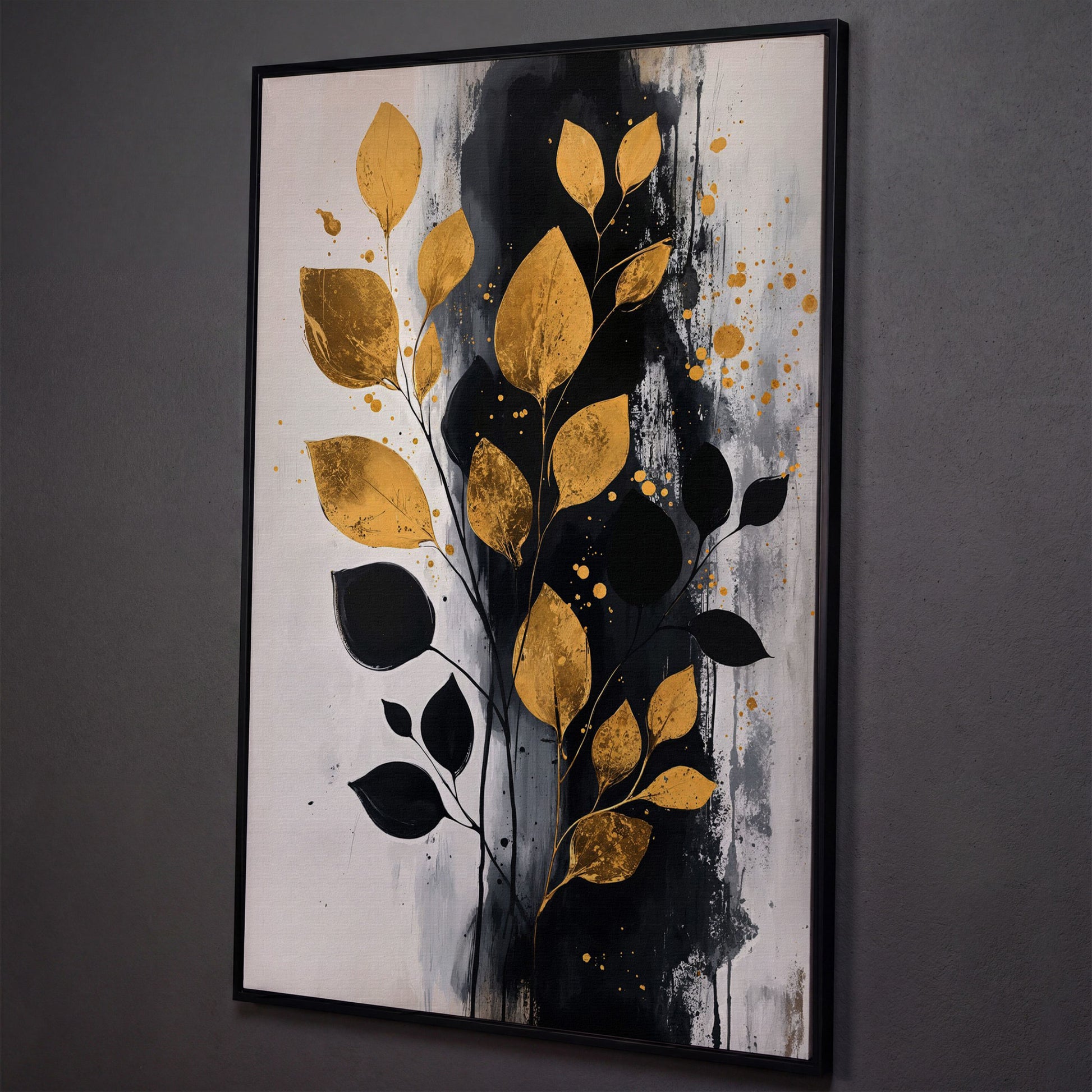 Modern Minimalist Botanical Leaf Canvas shown in black floating frame