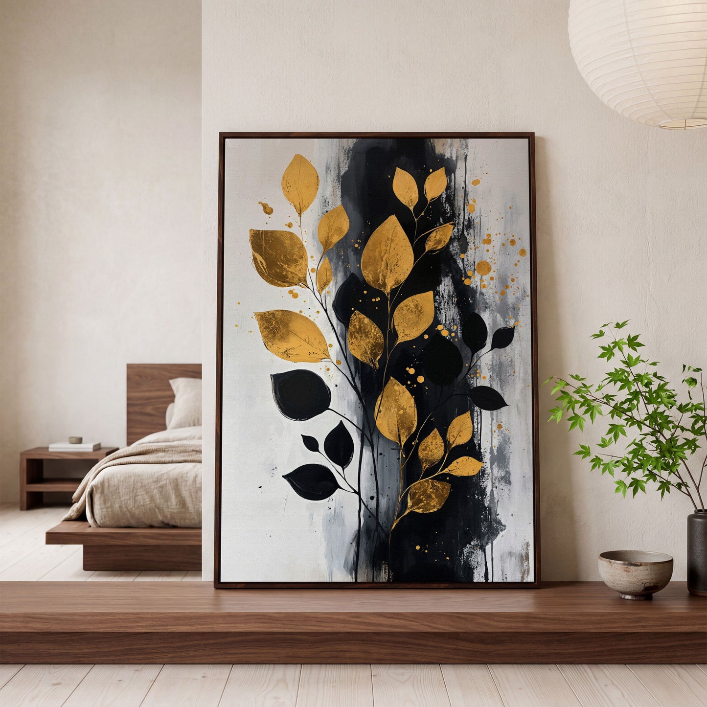 Modern Minimalist Botanical Leaf Canvas in dark walnut floating frame