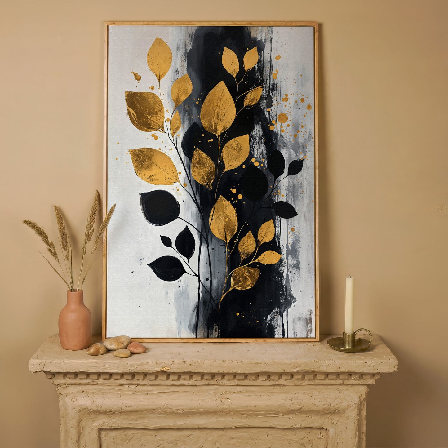 Modern Minimalist Botanical Leaf Canvas in white oak floating frame