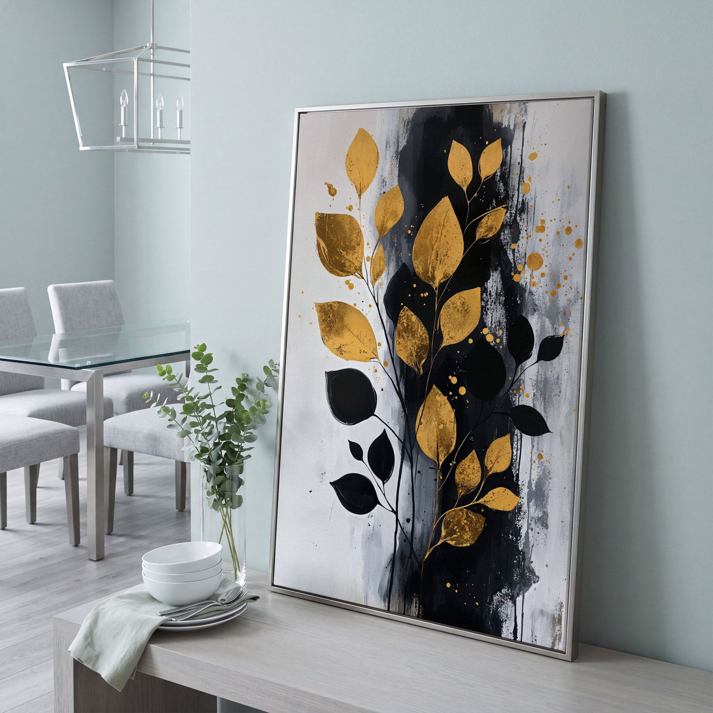 Modern Minimalist Botanical Leaf Canvas in silver floating frame